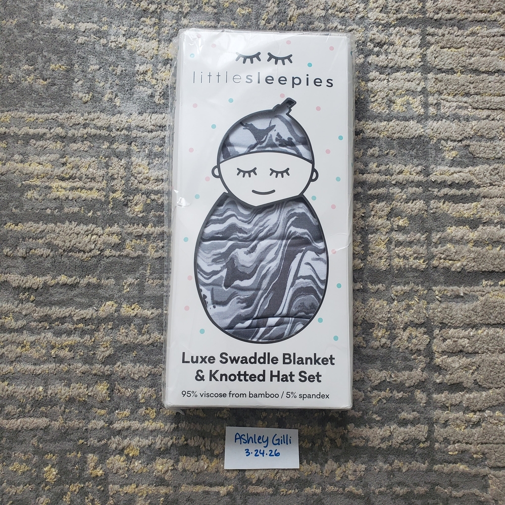 Little Sleepies Luxe Swaddle Blanket & Knotted Hat Set - Gray Marble